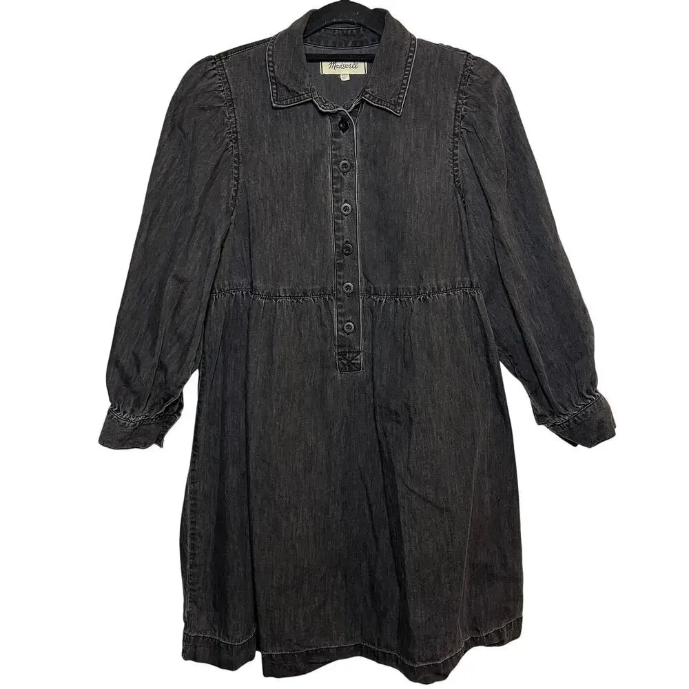 Madewell Denim Babydoll Shirt Dress Washed Black Jean Size XXS‎ Cottagecore Boho